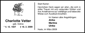 Traueranzeige von Charlotte Vetter von Nordwest-Zeitung