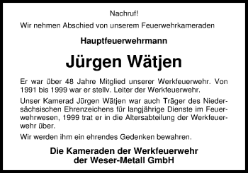 Traueranzeige von Jürgen Wätjen von Nordwest-Zeitung