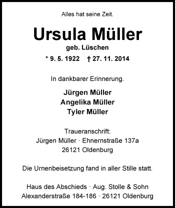 Traueranzeige von Ursula Müller von Nordwest-Zeitung