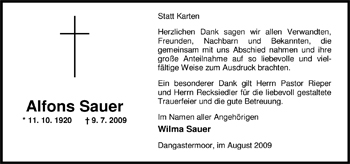 Traueranzeige von Alfons Sauer von Nordwest-Zeitung