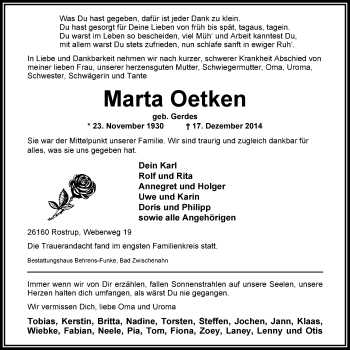 Traueranzeige von Marta Oetken von Nordwest-Zeitung