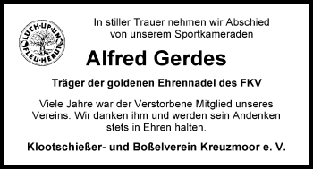 Traueranzeige von Alfred Gerdes von Nordwest-Zeitung