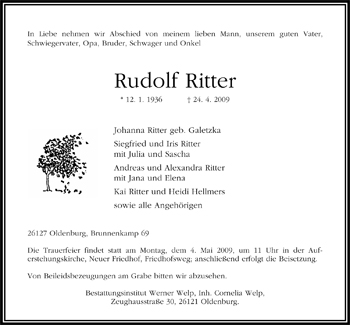 Traueranzeige von Rudolf Ritter von Nordwest-Zeitung