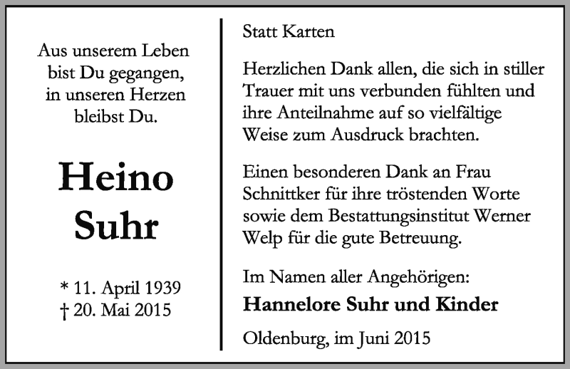  Traueranzeige für Heino Suhr vom 27.06.2015 aus Nordwest-Zeitung