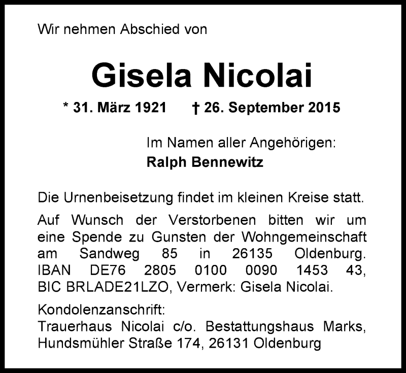  Traueranzeige für Gisela Nicolai vom 21.10.2015 aus Nordwest-Zeitung