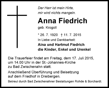 Traueranzeige von Anna Fiedrich von Nordwest-Zeitung