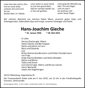 Traueranzeige von Hans-Joachim Gieche von Nordwest-Zeitung