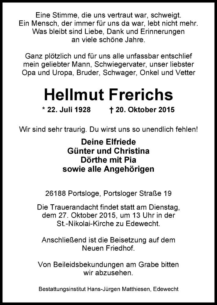  Traueranzeige für Hellmut Frerichs vom 23.10.2015 aus Nordwest-Zeitung