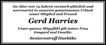 Traueranzeige von Gerhard (Gerd) Harries von Nordwest-Zeitung