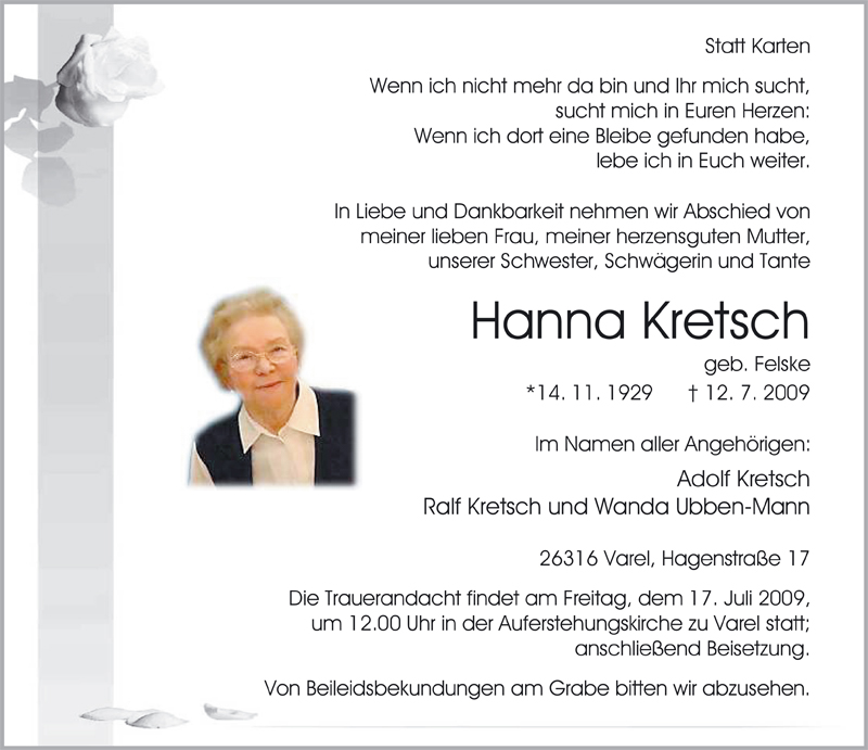  Traueranzeige für Hanna Kretsch vom 15.07.2009 aus Nordwest-Zeitung