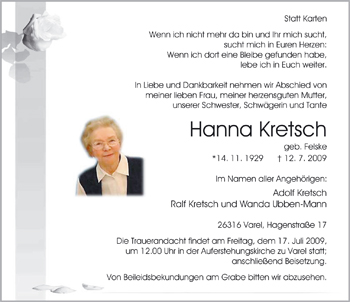 Traueranzeige von Hanna Kretsch von Nordwest-Zeitung