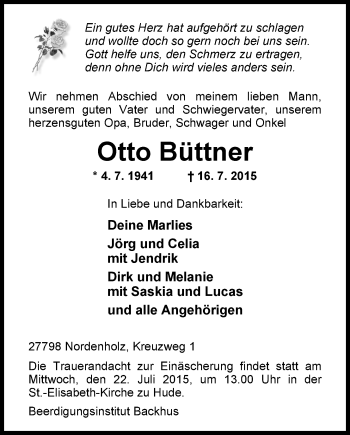 Traueranzeige von Otto Büttner von Nordwest-Zeitung