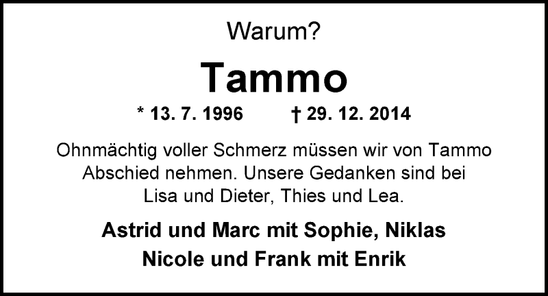  Traueranzeige für Tammo Lohmann vom 05.01.2015 aus Nordwest-Zeitung