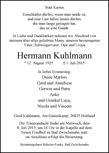 Traueranzeige von Hermann Kuhlmann von Nordwest-Zeitung
