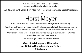 Traueranzeige von Horst Meyer von Nordwest-Zeitung