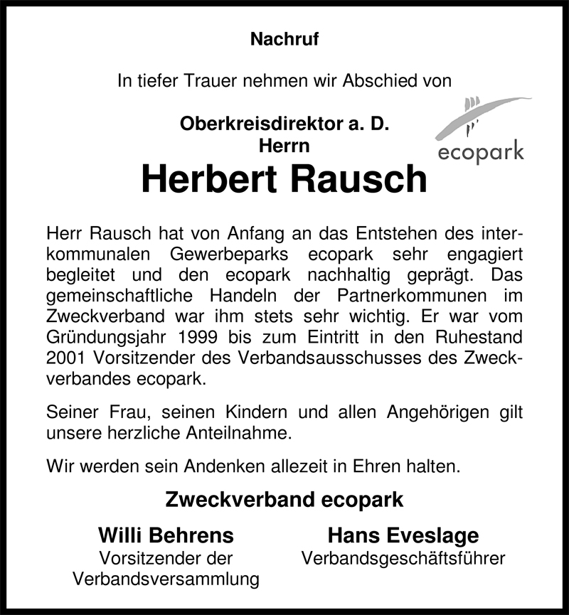  Traueranzeige für Herbert Rausch vom 29.06.2009 aus Nordwest-Zeitung