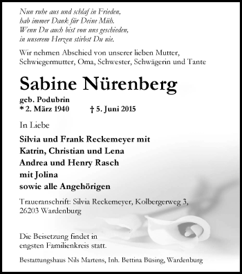 Traueranzeige von Sabine Nürenberg von Nordwest-Zeitung