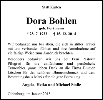 Traueranzeige von Dora Bohlen von Nordwest-Zeitung