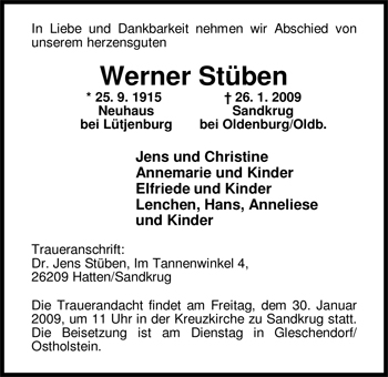 Traueranzeige von Werner Stüben von Nordwest-Zeitung