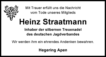 Traueranzeige von Heinz Straatmann von Nordwest-Zeitung