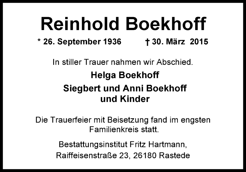  Traueranzeige für Reinhold Boekhoff vom 04.04.2015 aus Nordwest-Zeitung