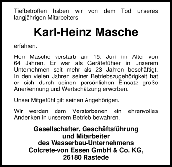 Traueranzeige von Karl-Heinz Masche von Nordwest-Zeitung