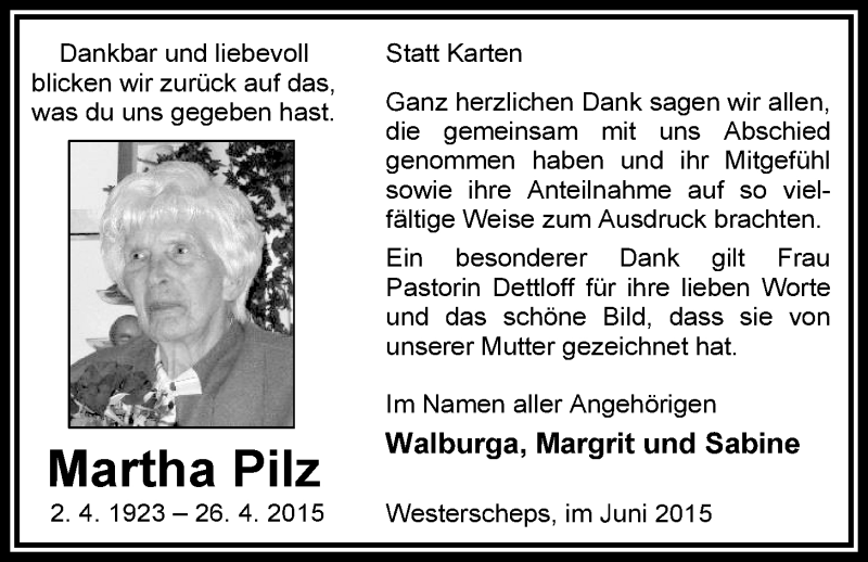  Traueranzeige für Martha Pilz vom 06.06.2015 aus Nordwest-Zeitung