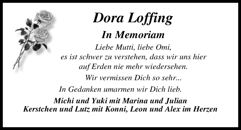  Traueranzeige für Dora Loffing vom 11.04.2015 aus Nordwest-Zeitung