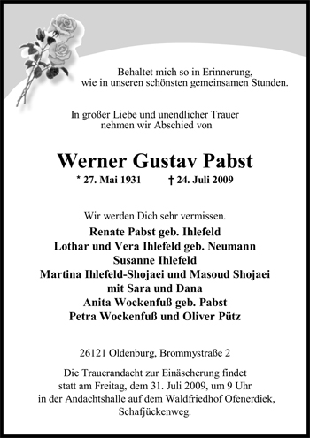 Traueranzeige von Werner Gustav Pabst von Nordwest-Zeitung