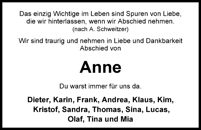  Traueranzeige für Anne Lakebrink-Bluschke vom 03.02.2015 aus Nordwest-Zeitung