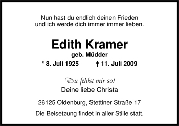 Traueranzeige von Edith Kramer von Nordwest-Zeitung