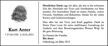 Traueranzeige von Kurt Anter von Nordwest-Zeitung