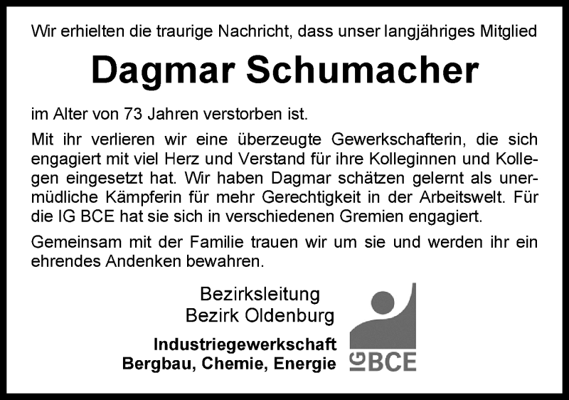  Traueranzeige für Dagmar Schumacher vom 29.09.2015 aus Nordwest-Zeitung