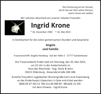 Traueranzeige von Ingrid Krone von Nordwest-Zeitung