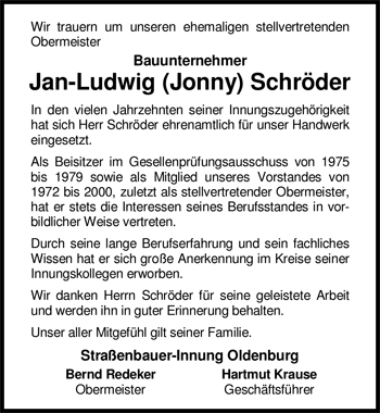 Traueranzeige von Jan-Ludwig Schröder von Nordwest-Zeitung