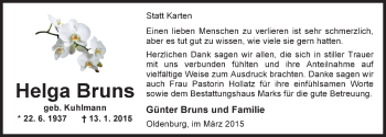 Traueranzeige von Helga Bruns von Nordwest-Zeitung