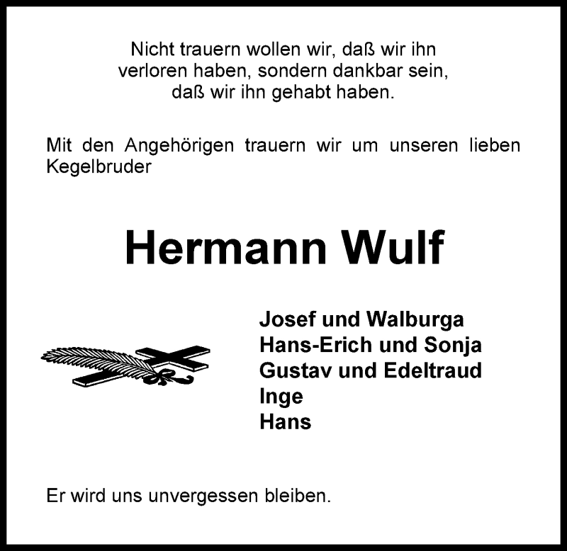  Traueranzeige für Hermann Wulf vom 09.04.2015 aus Nordwest-Zeitung