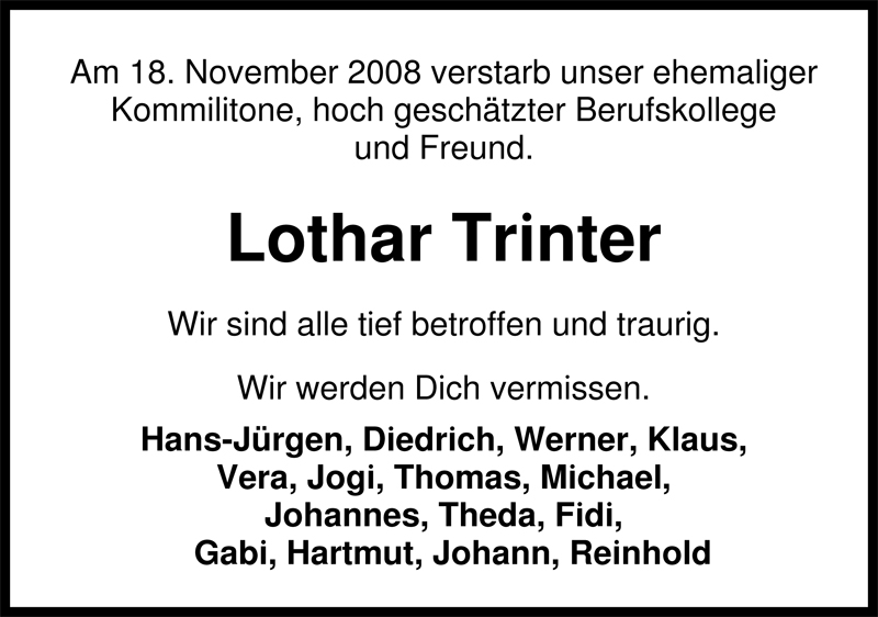  Traueranzeige für Lothar Trinter vom 25.11.2008 aus Nordwest-Zeitung