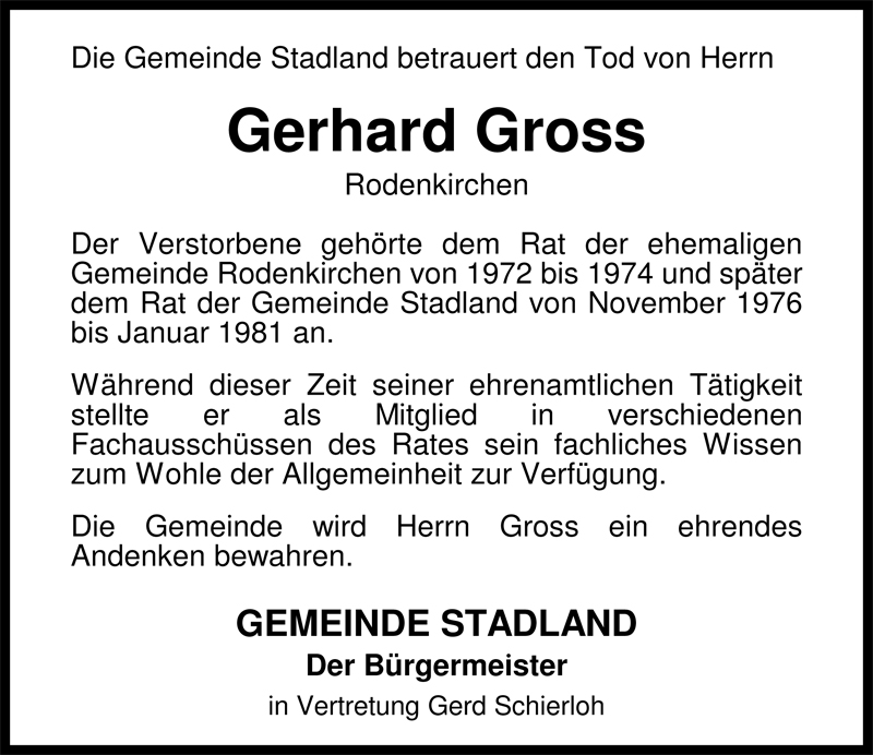  Traueranzeige für Gerhard Gross vom 29.07.2009 aus Nordwest-Zeitung