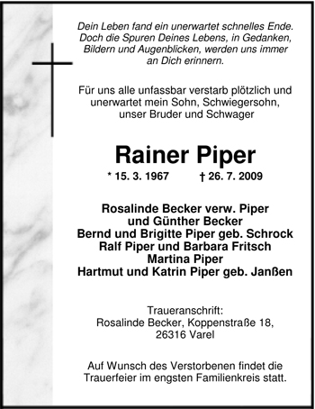 Traueranzeige von Rainer Piper von Nordwest-Zeitung