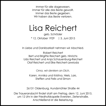 Traueranzeige von Lisa Reichert von Nordwest-Zeitung