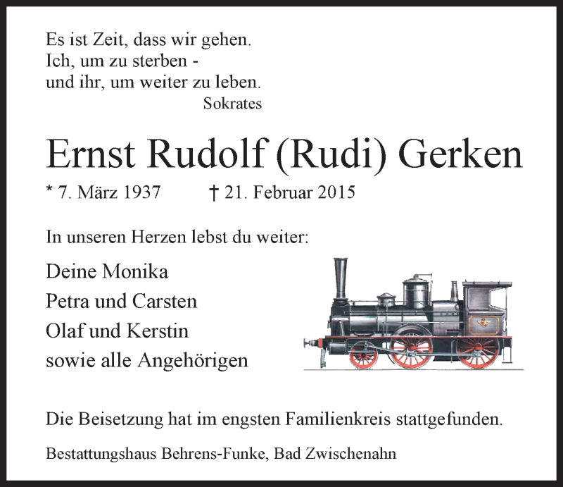  Traueranzeige für Ernst Rudolf Gerken vom 28.02.2015 aus Nordwest-Zeitung