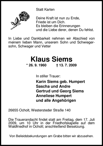 Traueranzeige von Klaus Siems von Nordwest-Zeitung