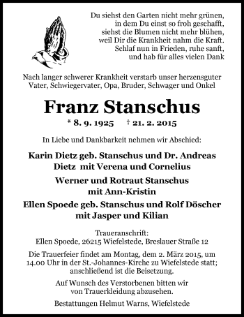 Traueranzeige von Franz Stanschus von Nordwest-Zeitung