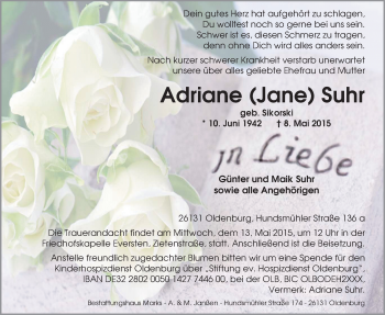 Traueranzeige von Adriane (Jane) Suhr von Nordwest-Zeitung