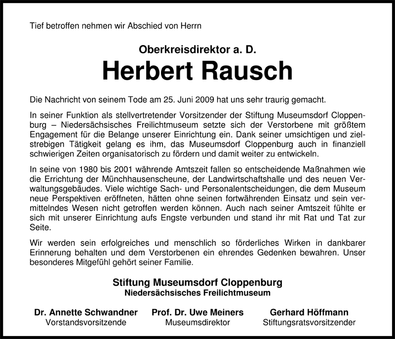  Traueranzeige für Herbert Rausch vom 29.06.2009 aus Nordwest-Zeitung