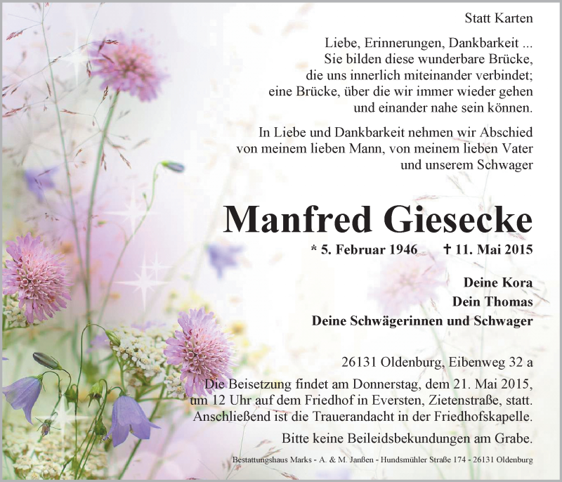 Traueranzeige für Manfred Giesecke vom 15.05.2015 aus Nordwest-Zeitung