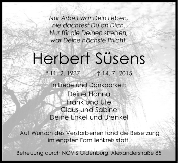 Traueranzeige von Herbert Süsens von Nordwest-Zeitung