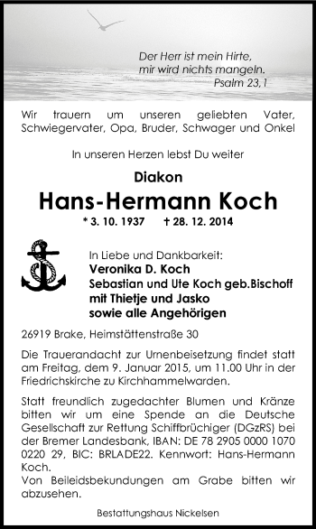 Traueranzeige von Hans-Hermann Koch von Nordwest-Zeitung
