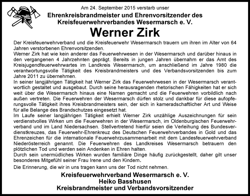  Traueranzeige für Werner Zirk vom 26.09.2015 aus Nordwest-Zeitung